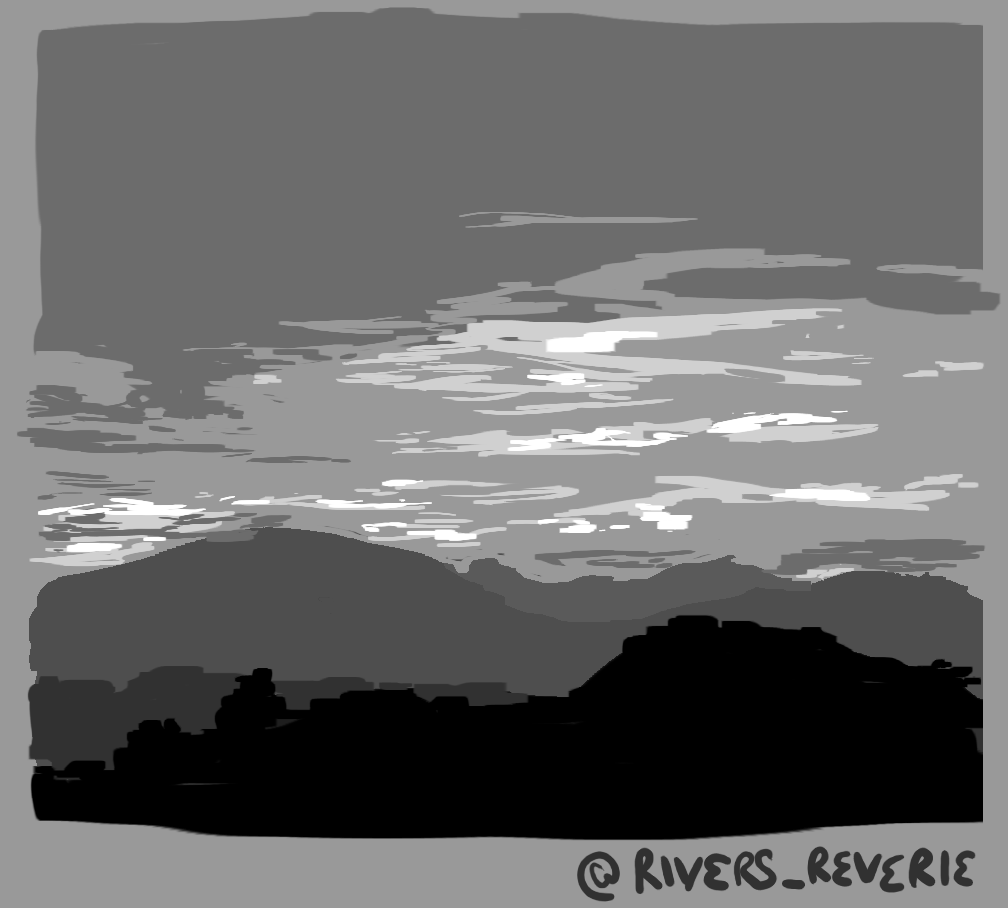 Calm sunset over mountains. Digital painting copyright 2023 River / @RiversReverie.