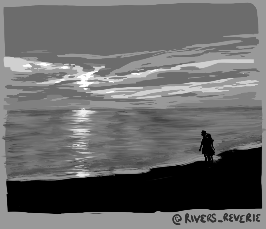 A couple pauses to enjoy sunset on the beach. Digital painting copyright 2023 River / @RiversReverie.